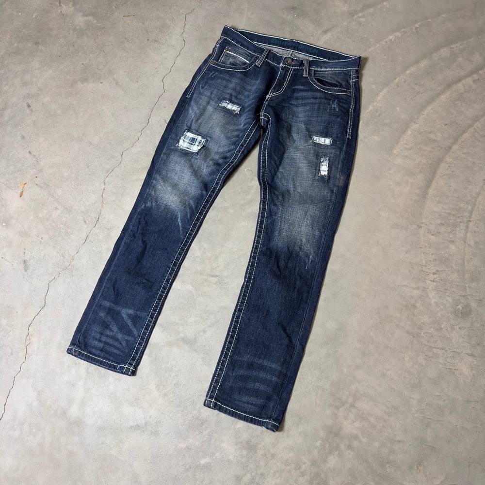 Cruel‎ Denim Rhyon Jeans Womens 26/31 Dark Wash Baggy Thick Stitch Distressed